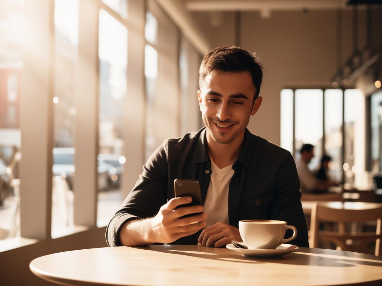 Turkish man in cafe using smartphone for live sports betting on Bets10.