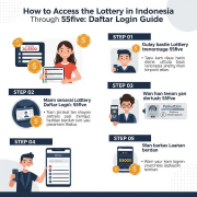 An infographic-style image titled "How to Access the Lottery in Indonesia Through 55five: Daftar Login Guide," showing a vertical, step-by-step process with a clean design and a color palette of greens, blues, and whites.