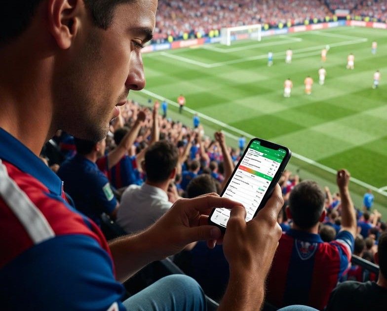 Sports fan using a smartphone to place live bets