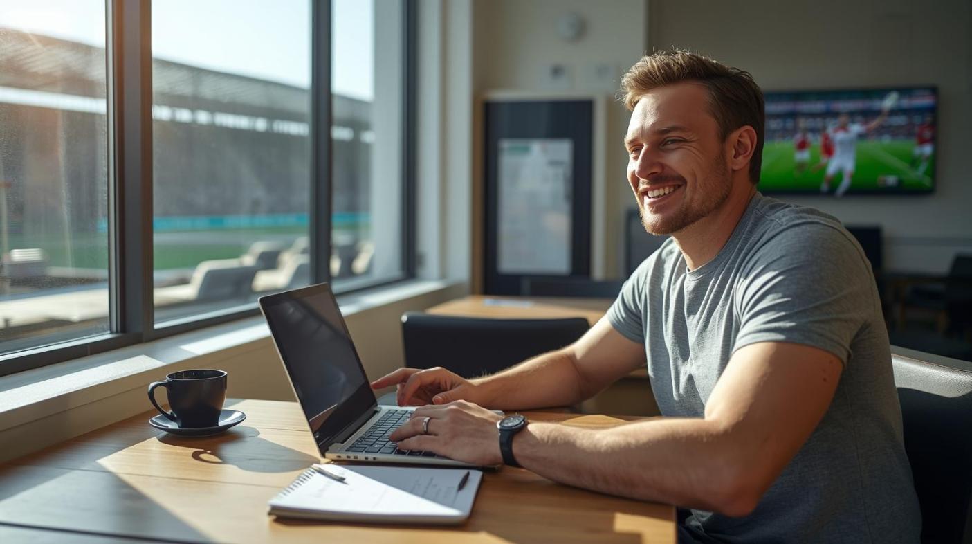 Focused bettor analyzing football stats in bright café atmosphere.