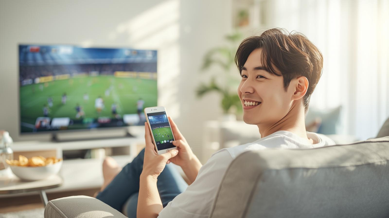 Korean man enjoying live sports game on smartphone in bright living room.