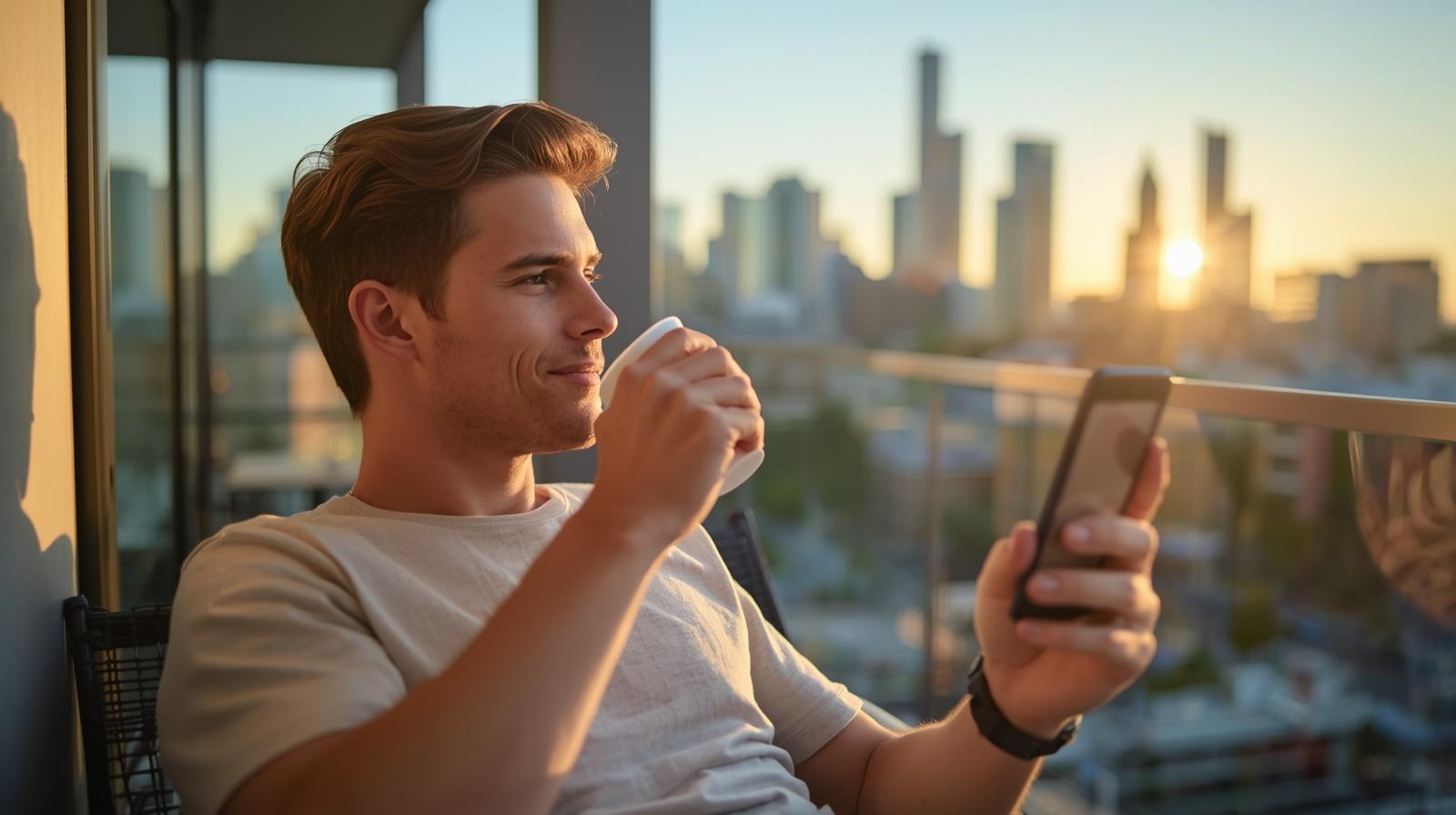 Man uses mobile casino app while relaxing on balcony at sunset.