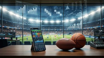 A generic sports statistics and betting interface, placed beside a football and basketball on a professional sports desk. In the background, a large stadium with athletes competing under bright evening lights, with subtle charts, statistics, probability graphics, and numerical data integrated into the scene.